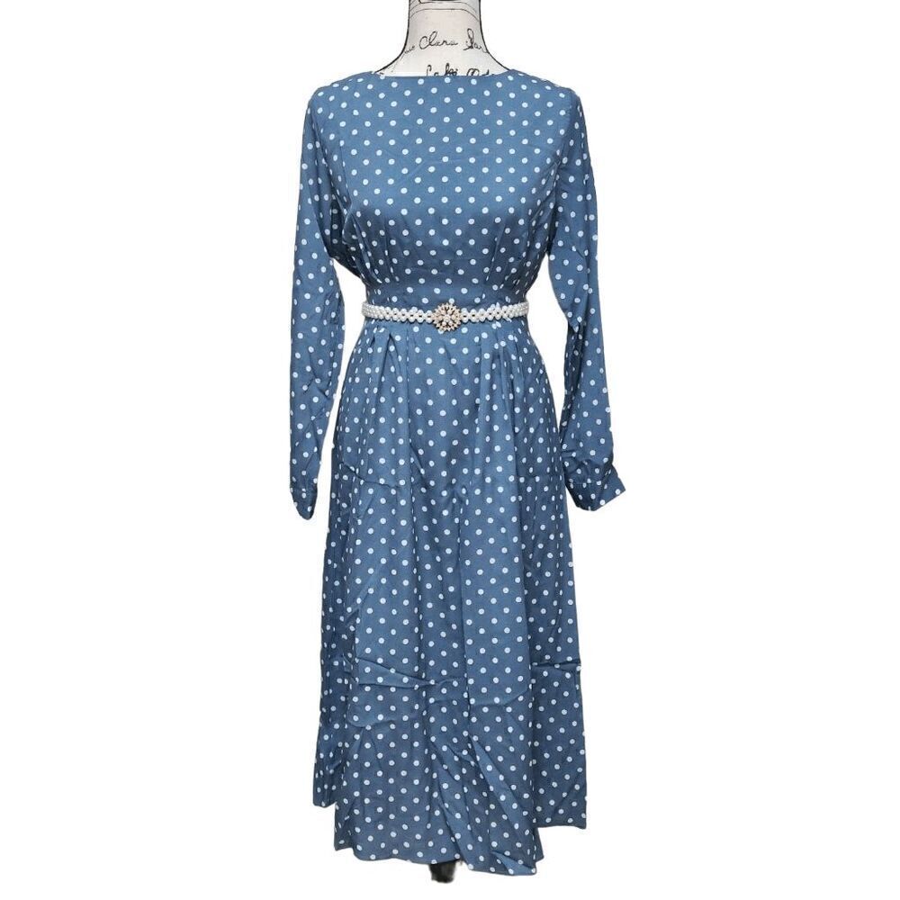 💙 NWT Modest Retro Vintage Polka Dot Long Sleeve Blue Midi Dress SIZE L